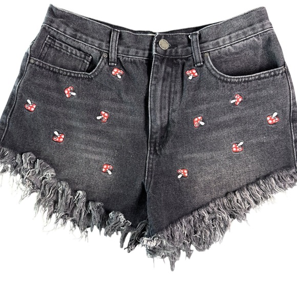 Simple Society Pants - Simple Society Black Denim Mushroom Embroidered Frayed Cutoff Shorts Size 7/28